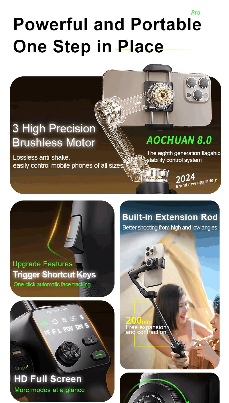 AOCHUAN Handheld Anti-shake Gimbal Stabilizer Travel Extended Selfie Stick Face Tracking Phone Stand for iPhone Android Shooting