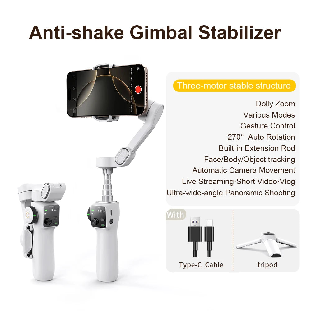 AOCHUAN Handheld Anti-shake Gimbal Stabilizer Travel Extended Selfie Stick Face Tracking Phone Stand for iPhone Android Shooting