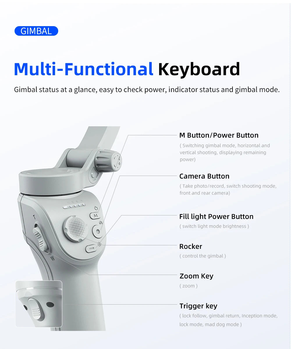 Handheld Gimbal Stabilizer Selfie Tripod with Fill Light for Smartphone 3-Axis Anti Shake Gimbal Foldable for Xiaomi iPhone
