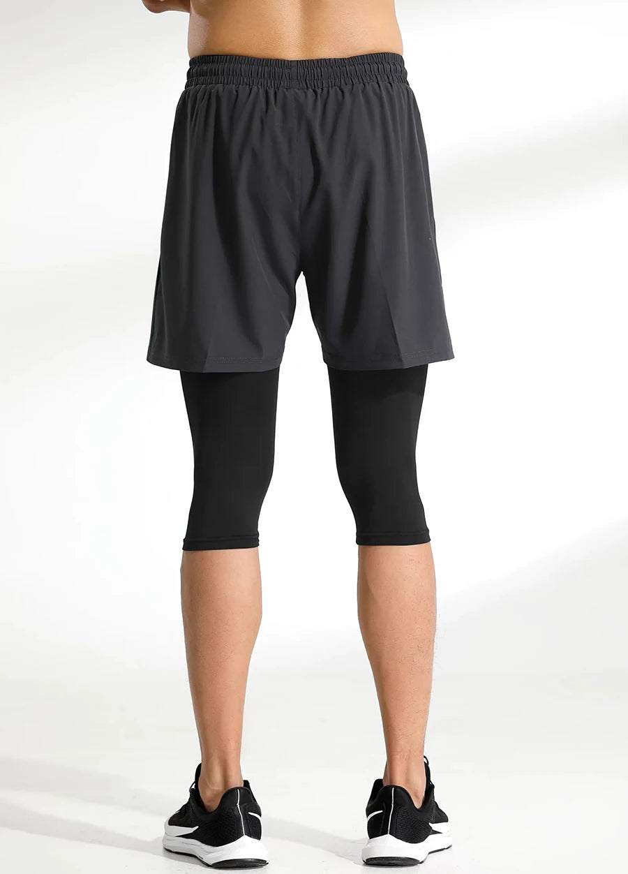 Men Tight Sport 2 In 1 Cropped Pants 2024 Summer Elastic Quick-dry Compression Workout Training Exercise Running Sports Shorts
