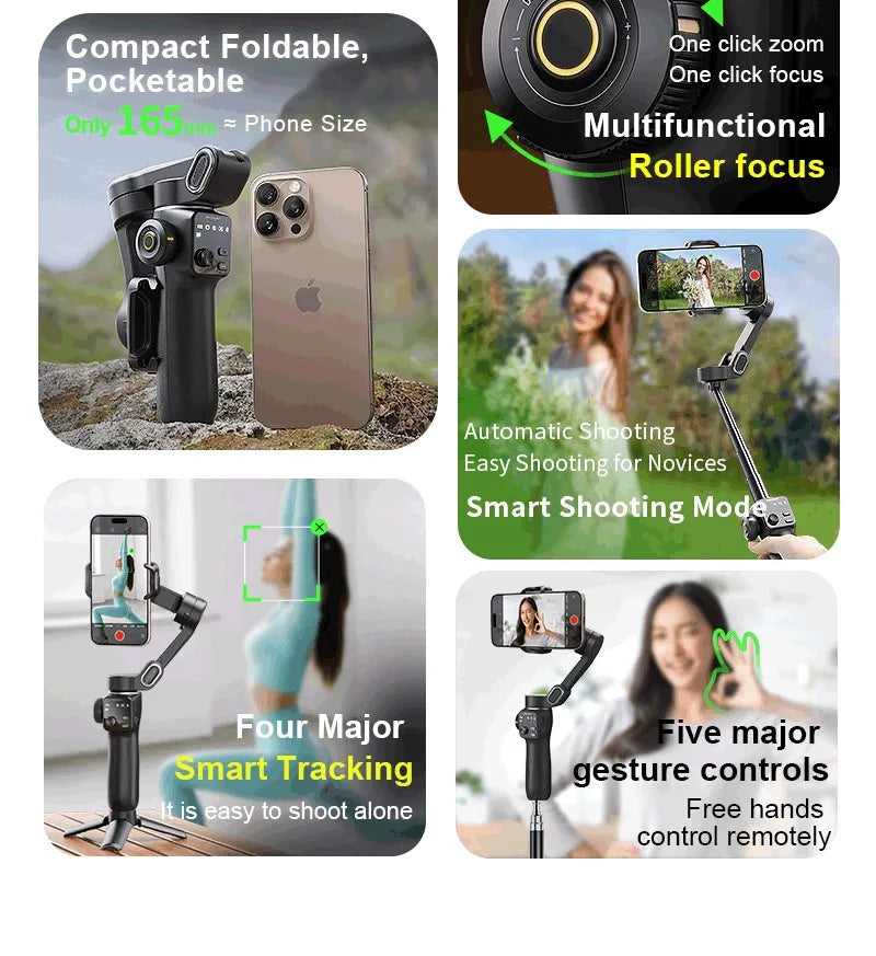 AOCHUAN Handheld Anti-shake Gimbal Stabilizer Travel Extended Selfie Stick Face Tracking Phone Stand for iPhone Android Shooting
