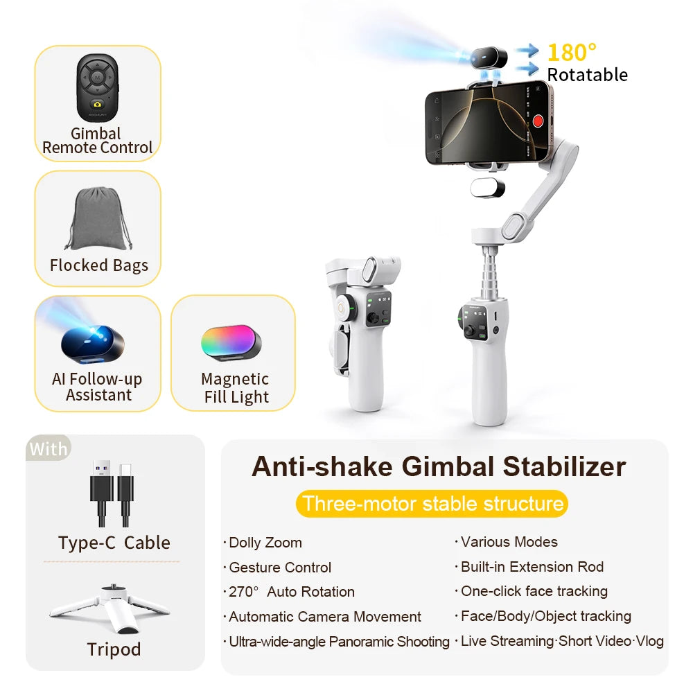 AOCHUAN Handheld Anti-shake Gimbal Stabilizer Travel Extended Selfie Stick Face Tracking Phone Stand for iPhone Android Shooting