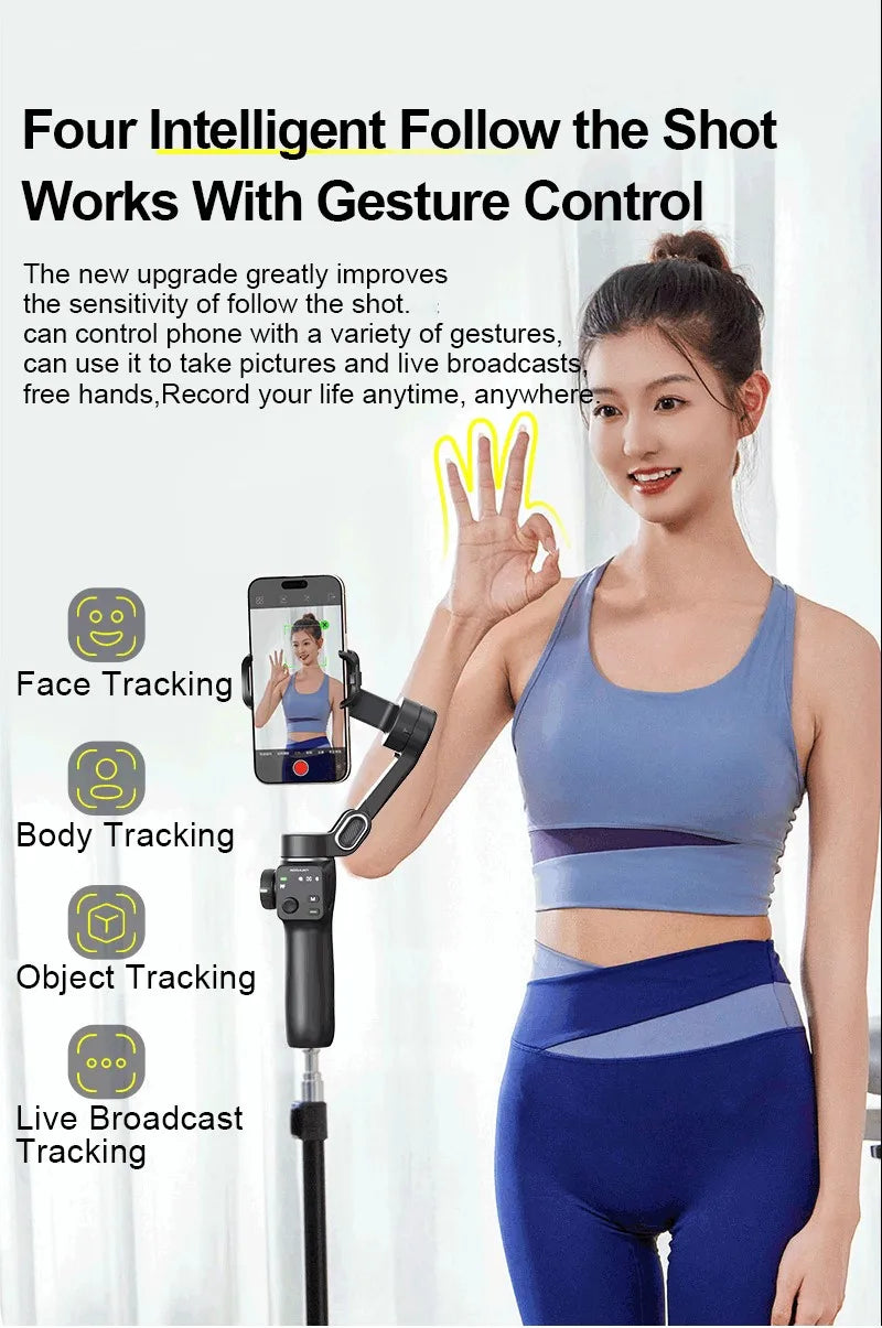 AOCHUAN Handheld Anti-shake Gimbal Stabilizer Travel Extended Selfie Stick Face Tracking Phone Stand for iPhone Android Shooting
