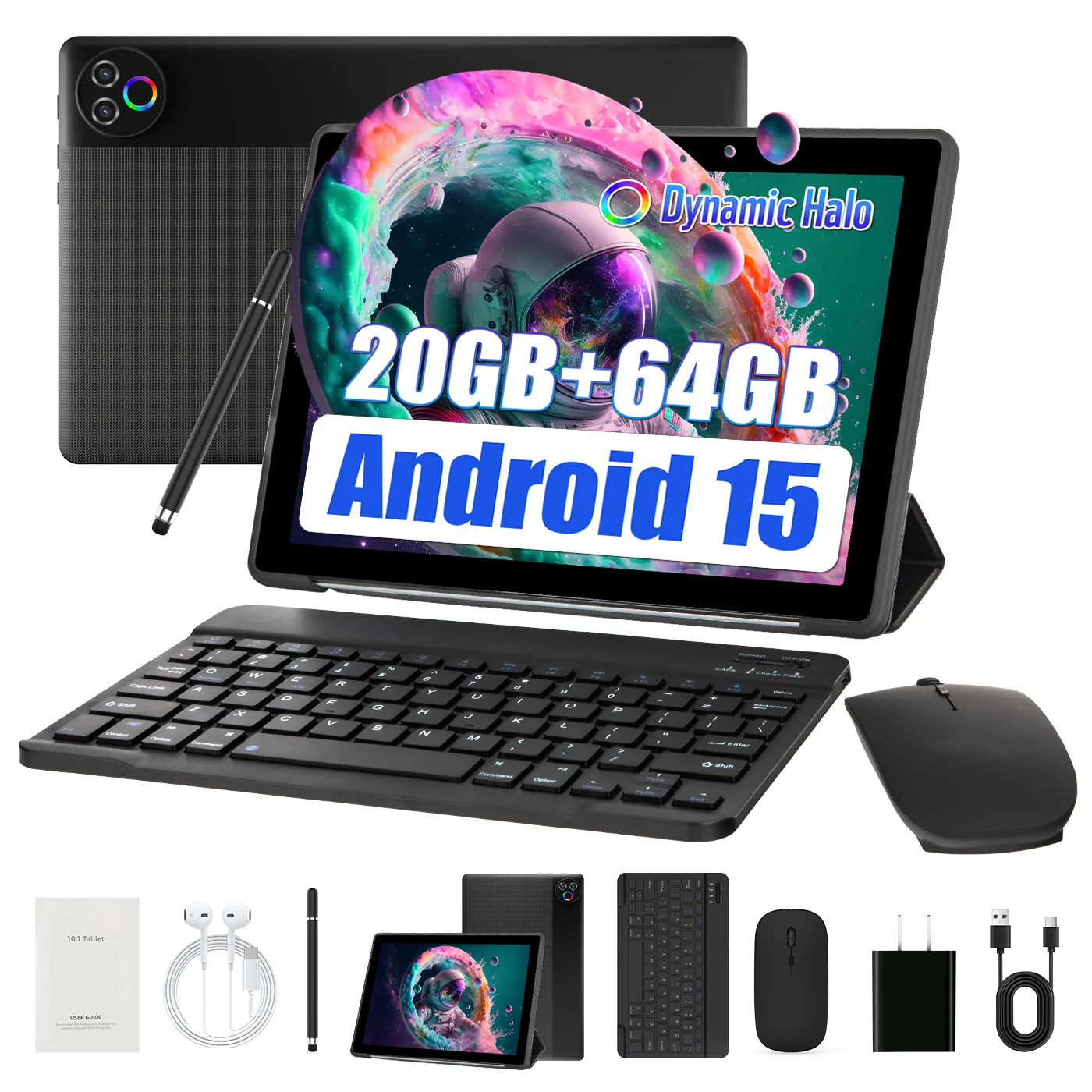 URAO Android 15 Tablet 10.1 Inch 20(3+17)GB RAM 64GB ROM 5-core Dual Camera Tablets PC Set Keyboard/Case/Mouse/Stylus/Headphone