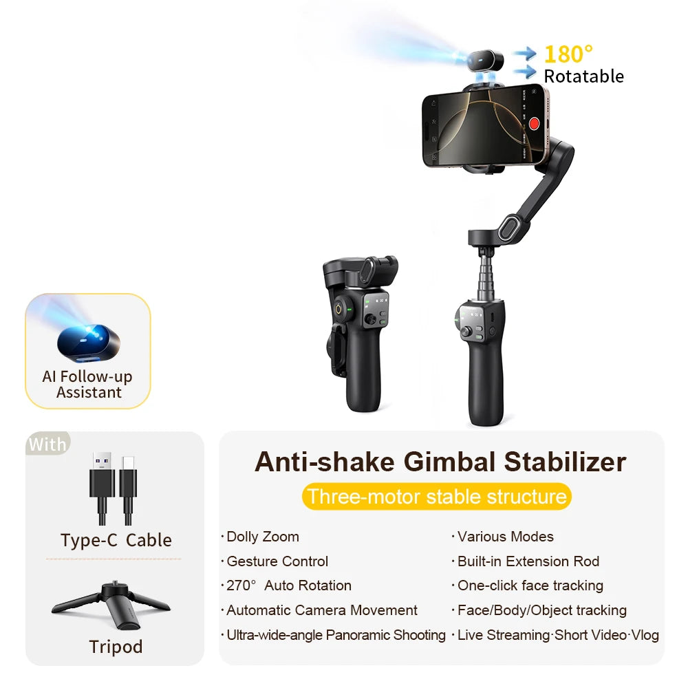 AOCHUAN Handheld Anti-shake Gimbal Stabilizer Travel Extended Selfie Stick Face Tracking Phone Stand for iPhone Android Shooting