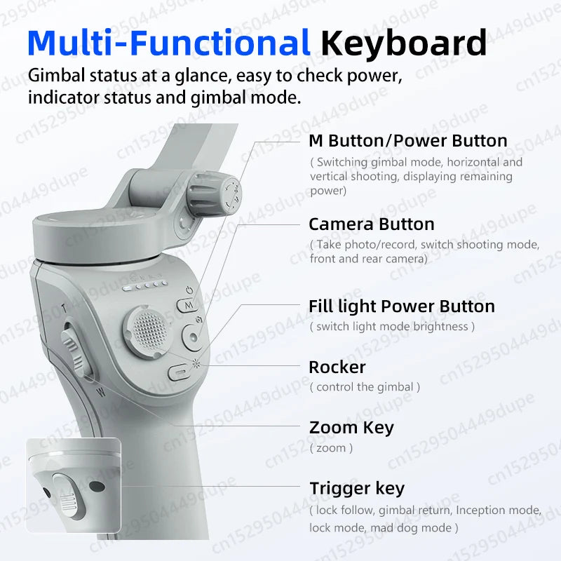 Handheld Gimbal Stabilizer Selfie Tripod with Fill Light for Smartphone 3-Axis Anti Shake Gimbal Foldable for Xiaomi iPhone