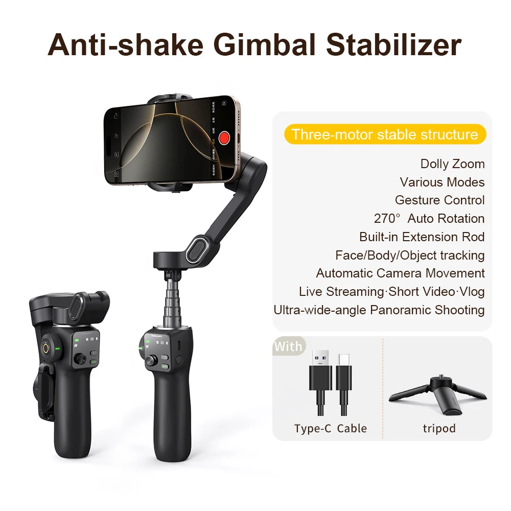 AOCHUAN Handheld Anti-shake Gimbal Stabilizer Travel Extended Selfie Stick Face Tracking Phone Stand for iPhone Android Shooting