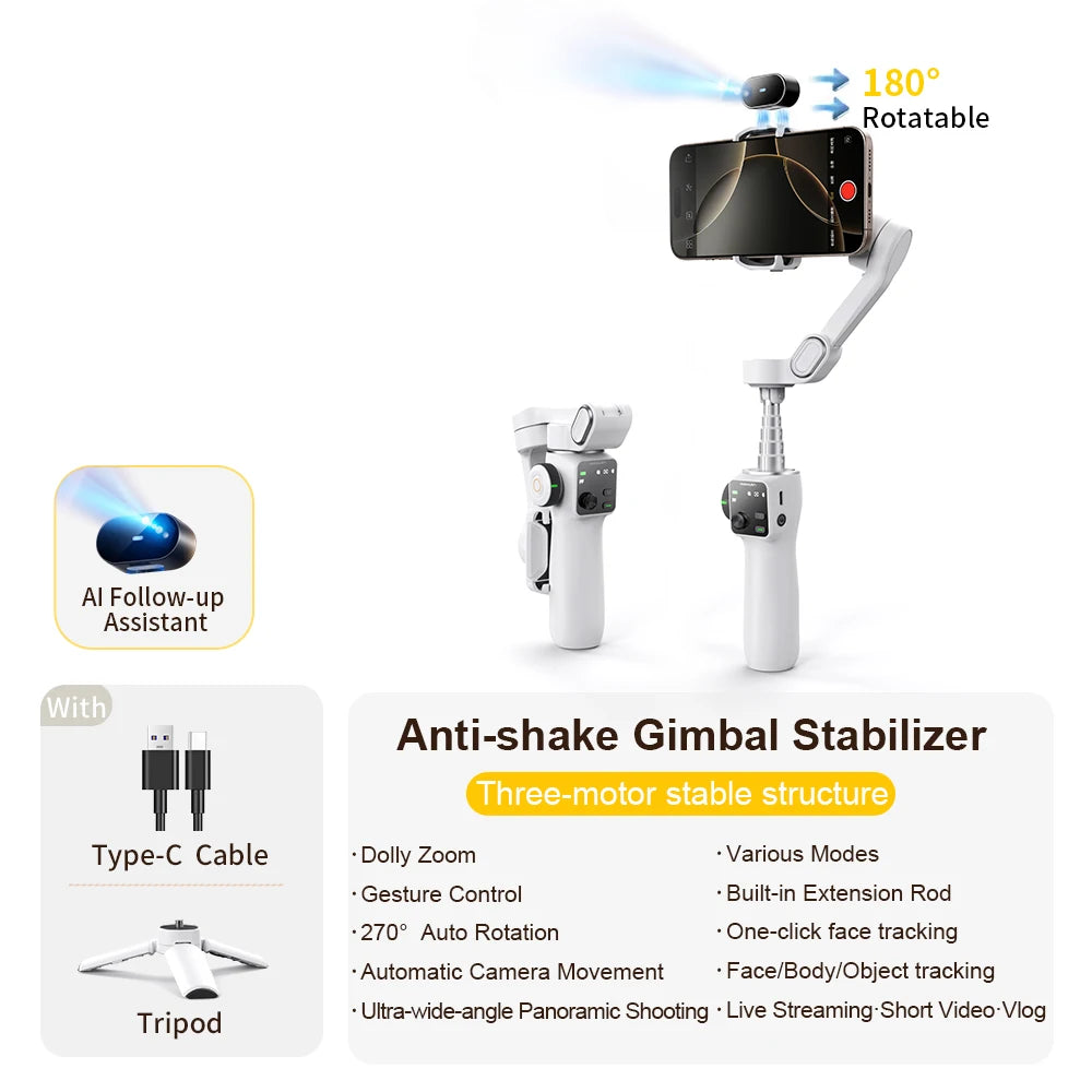 AOCHUAN Handheld Anti-shake Gimbal Stabilizer Travel Extended Selfie Stick Face Tracking Phone Stand for iPhone Android Shooting