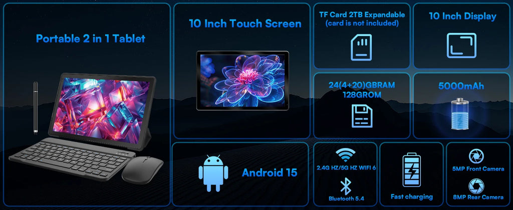 URAO C109L 10 Inch Tablets Android 15 A523 Octa Core Tablet 24GB+128GB 1 TB Expansion WiFi 6 5MP+8MP Camera Keyboard Mouse Set