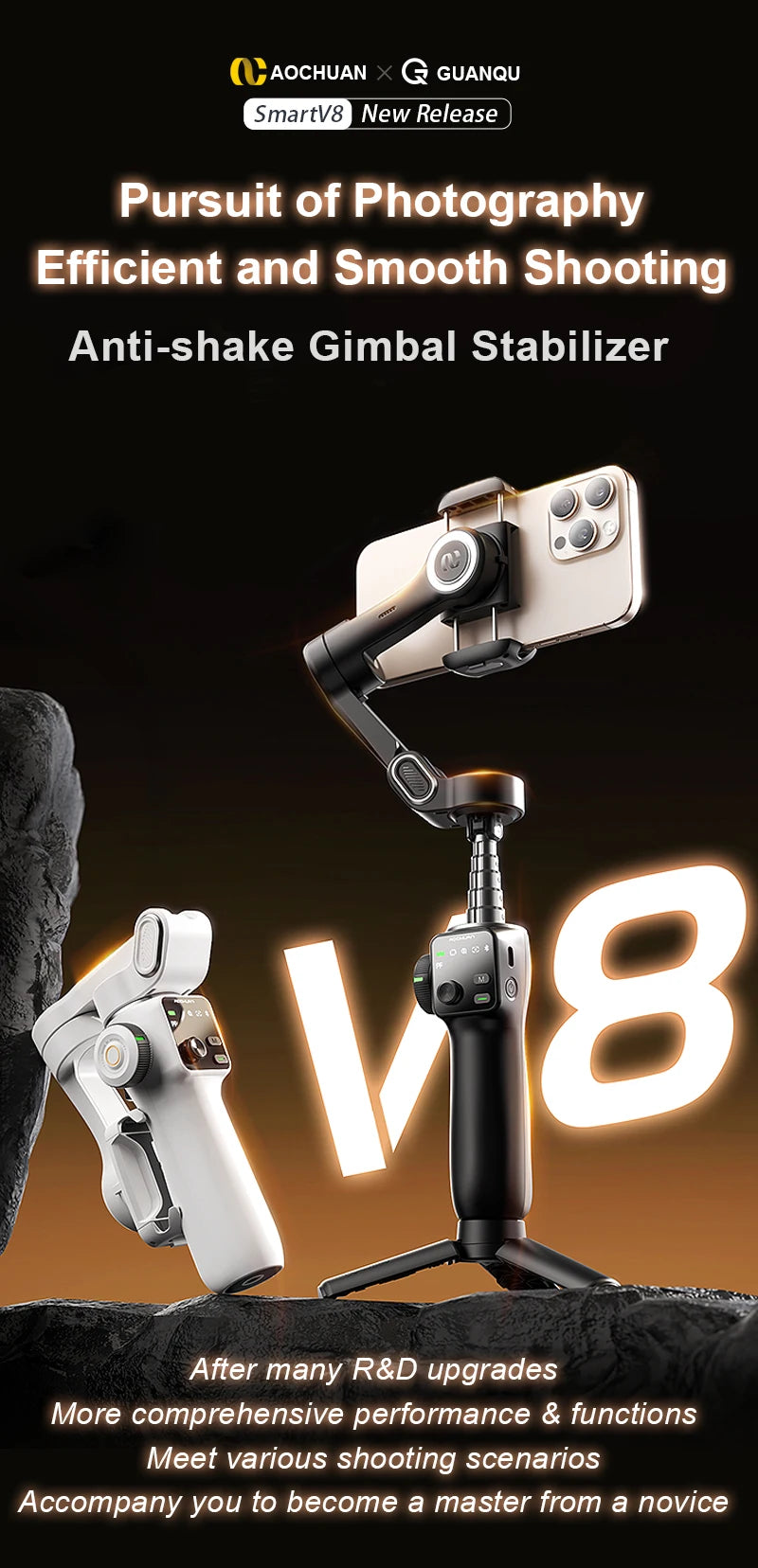 AOCHUAN Handheld Anti-shake Gimbal Stabilizer Travel Extended Selfie Stick Face Tracking Phone Stand for iPhone Android Shooting