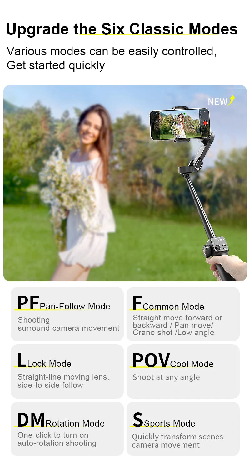 AOCHUAN Handheld Anti-shake Gimbal Stabilizer Travel Extended Selfie Stick Face Tracking Phone Stand for iPhone Android Shooting