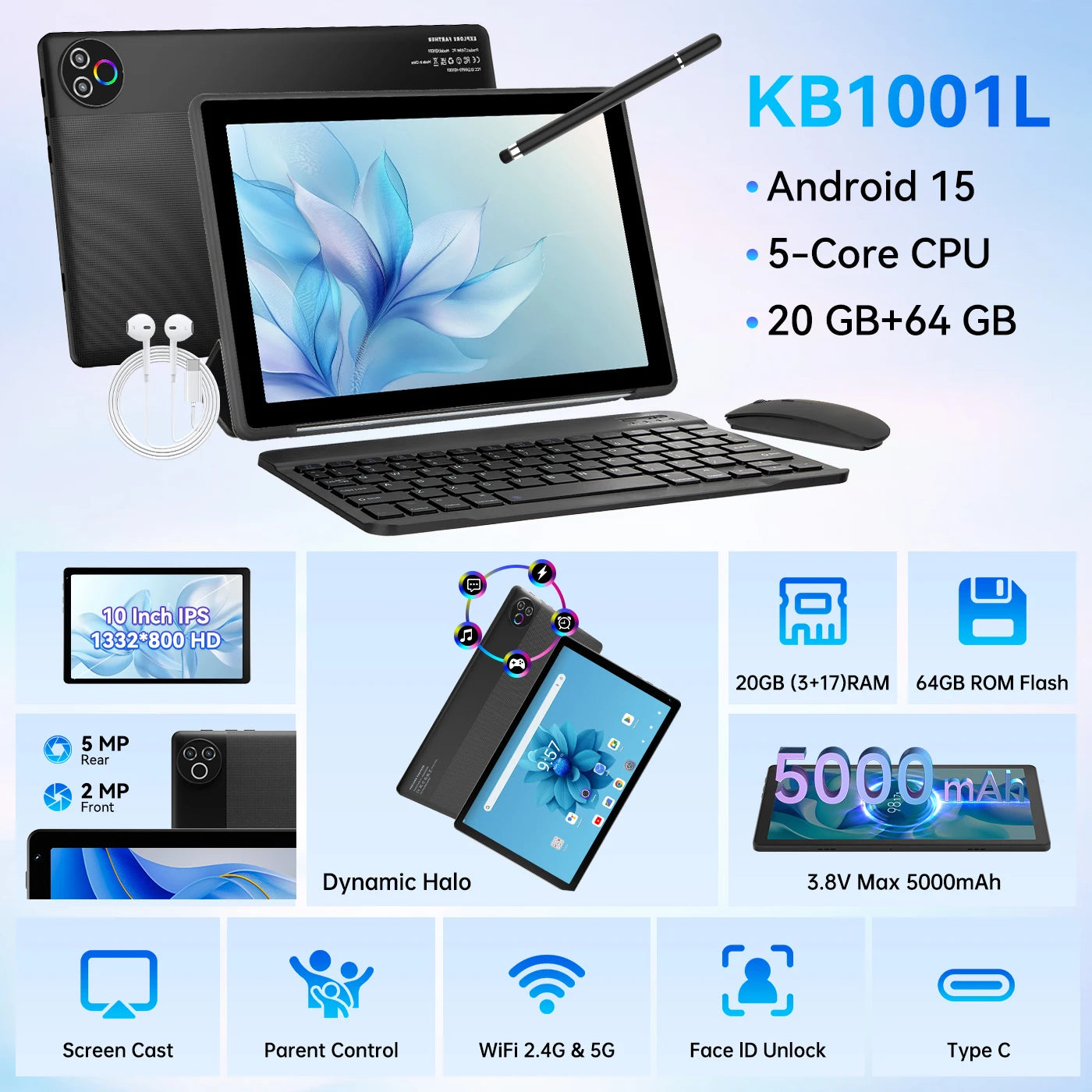 URAO Android 15 Tablet 10.1 Inch 20(3+17)GB RAM 64GB ROM 5-core Dual Camera Tablets PC Set Keyboard/Case/Mouse/Stylus/Headphone