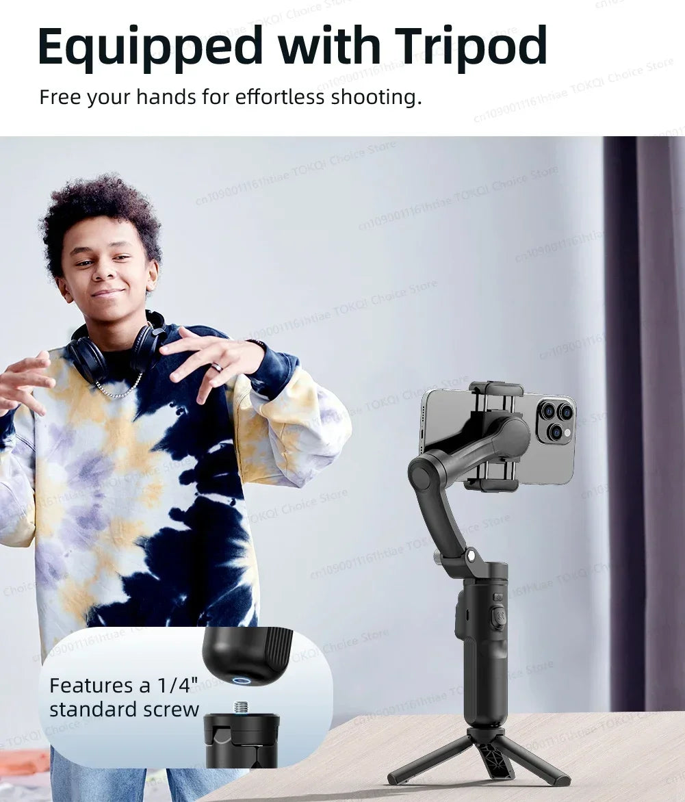 Handheld 3-Axis Gimbal Stabilizer for iPhone & Android, Anti-Shake Phone Holder with Tripod, for Vlogging & Video Recording