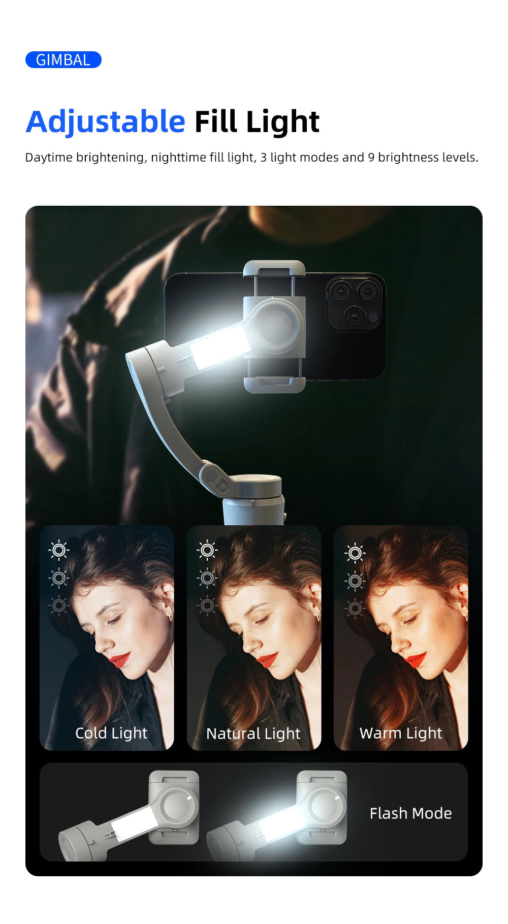 Handheld Gimbal Stabilizer Selfie Tripod with Fill Light for Smartphone 3-Axis Anti Shake Gimbal Foldable for Xiaomi iPhone