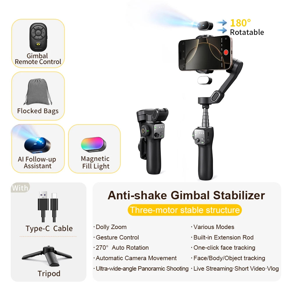 AOCHUAN Handheld Anti-shake Gimbal Stabilizer Travel Extended Selfie Stick Face Tracking Phone Stand for iPhone Android Shooting