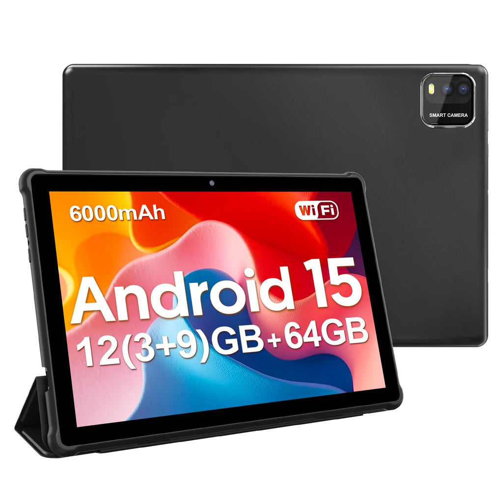 BAKEN 10-inch Android 15 tablet, quad-core processor, 12GB (3+9 expansion) RAM + 64GB storage, 5G WiFi, 1280*800 dual cameras