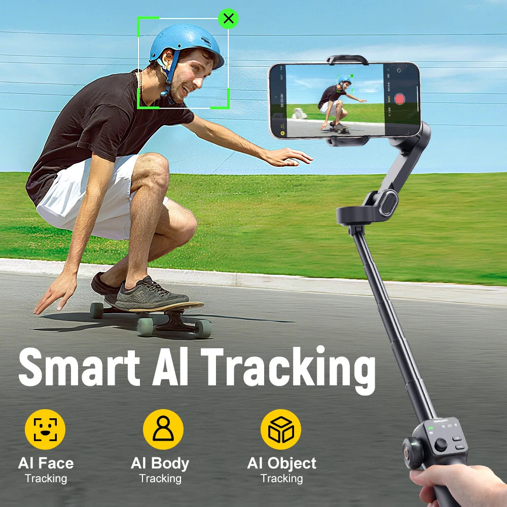 AOCHUAN Handheld Anti-shake Gimbal Stabilizer Travel Extended Selfie Stick Face Tracking Phone Stand for iPhone Android Shooting