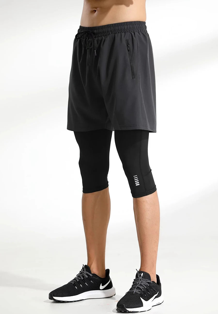 Men Tight Sport 2 In 1 Cropped Pants 2024 Summer Elastic Quick-dry Compression Workout Training Exercise Running Sports Shorts