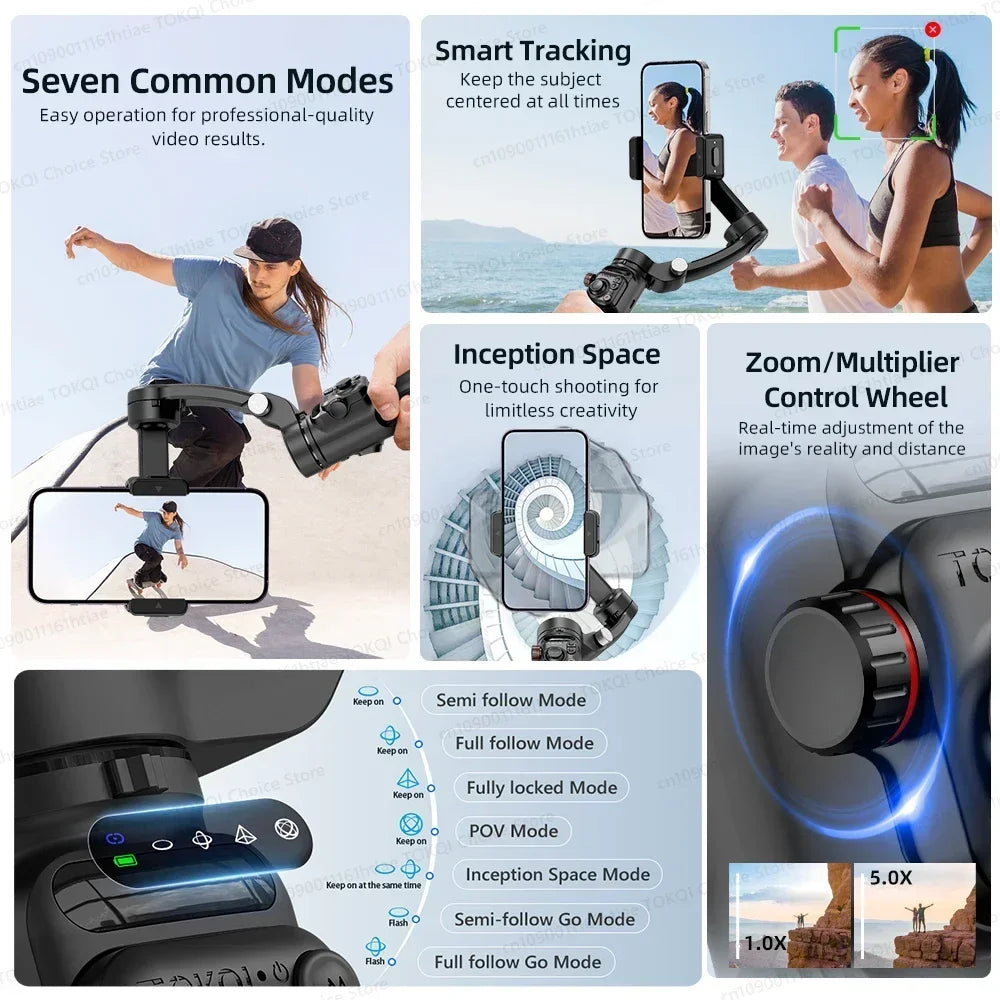 Handheld 3-Axis Gimbal Stabilizer for iPhone & Android, Anti-Shake Phone Holder with Tripod, for Vlogging & Video Recording